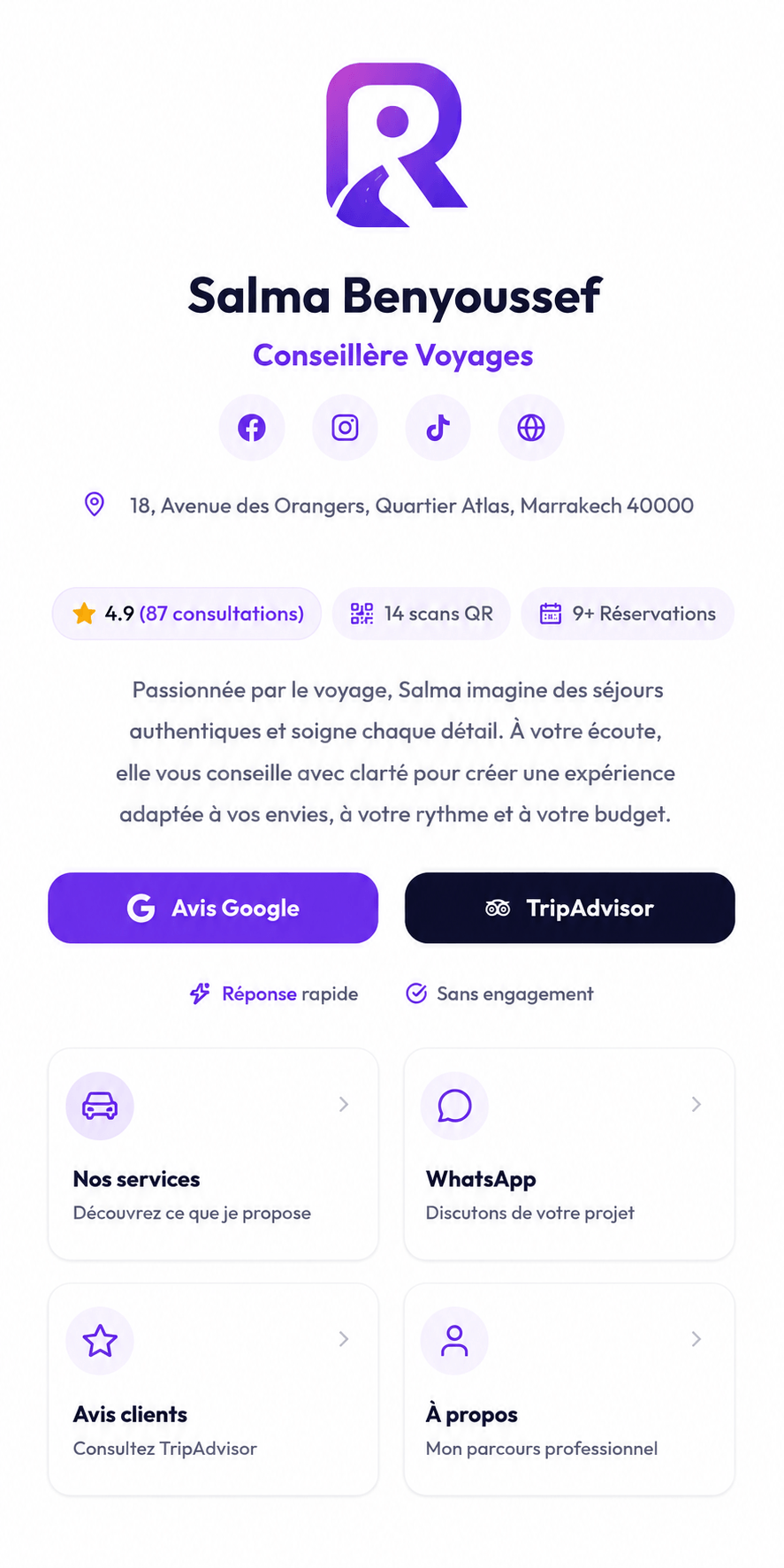 Exemple d’une page professionnelle Rezavia